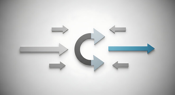 Conceptual diagram illustrating a complex process flow with multiple converging inputs, a central cyclical transformation, and diverging outputs, emphasizing a key direction.