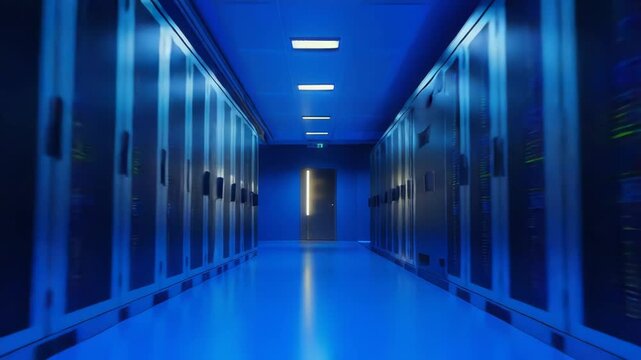 Data center hallway featuring rows of server racks with blinking lights, creating a modern, high tech environment for cloud computing, networking, and information technology infrastructure