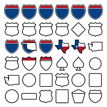 Diverse Collection of American Highway Shields, Road Signs, and State Outline Vector Graphics for Travel and Navigation.