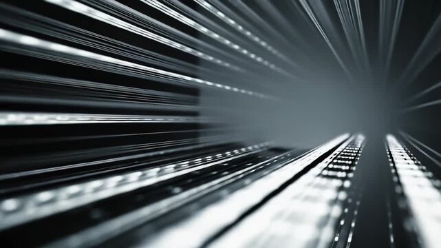 Glowing parallel light lines form a futuristic tunnel vanishing into the distance, suggesting high speed data transfer, digital connection, cyberspace flow and modern network motion