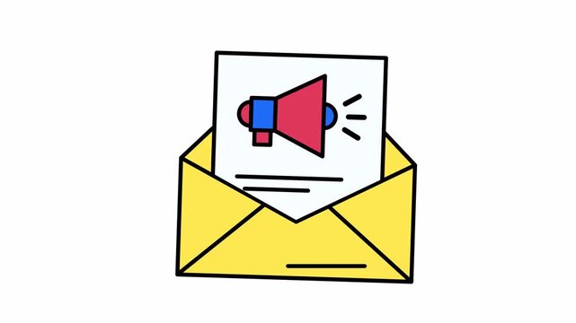 Open envelope with a megaphone message inside, ideal for announcements, communication, mail campaigns, newsletters, marketing materials, and promotional content.