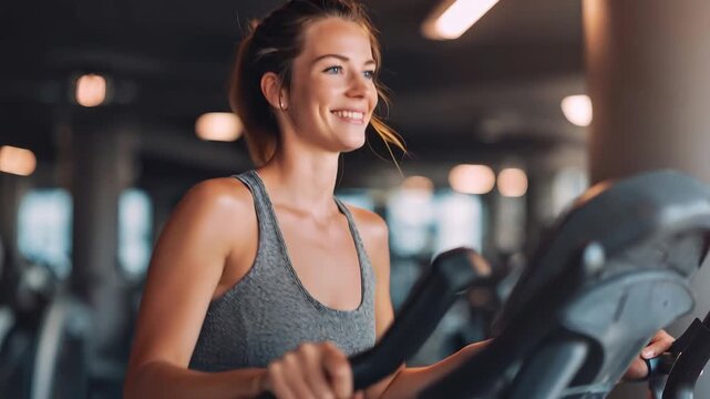 Smiling young woman enjoys workout on step machine in modern gym during early evening session