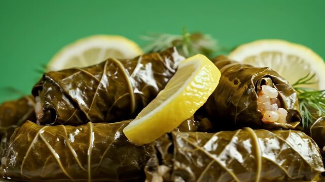 Close up of appetizing dolma stuffed grape leaves with fresh lemon slices and dill garnish on a plate with a vibrant green background high definition