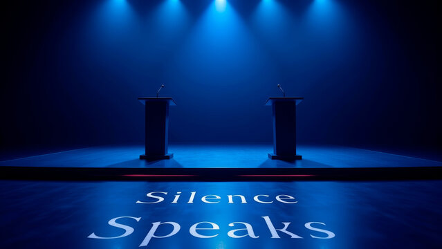 Two podiums under blue light with silence speaks text representing absence of voice controlled communication and suppressed discourse in politics