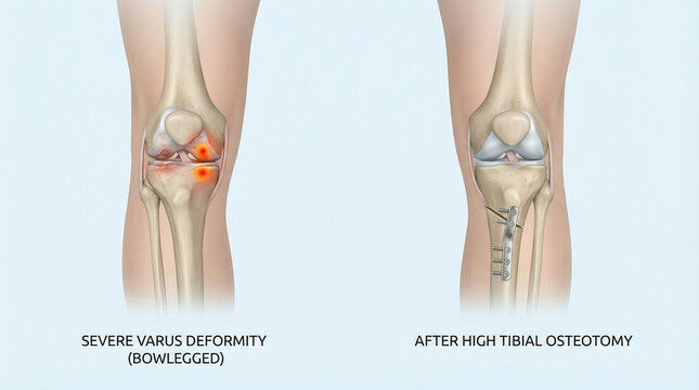 Severe Varus Deformity and High Tibial Osteotomy Correction 3D Illustration