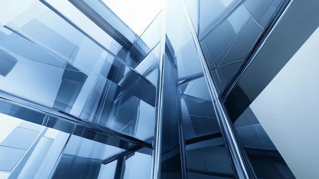 Abstract glass architecture forms a modern building structure, reflecting light and creating a dynamic play of geometric lines and shapes ascending skywards
