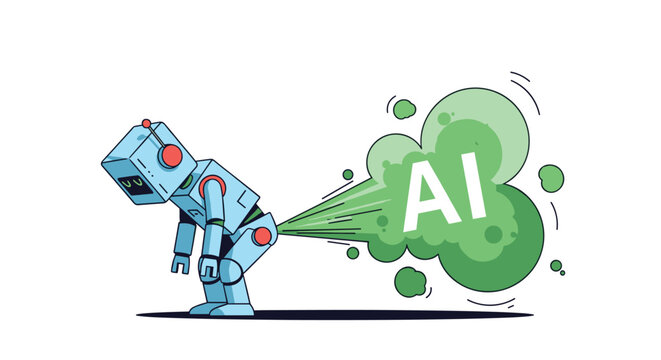 Satirical illustration of a blue robot bending forward while a green gas cloud labeled AI comes from its exhaust.