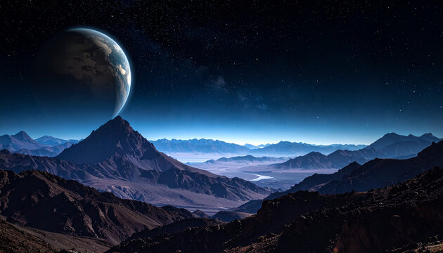Dramatic landscape of distant planet with mountains and a moon in the night sky