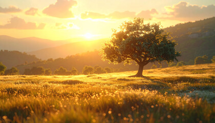 Fototapeta premium Tranquil landscape with tree at sunset golden light and meadow