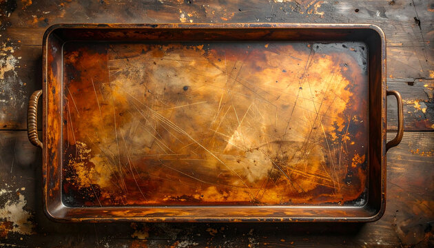 Rustic empty baking tray on textured wooden table overhead view