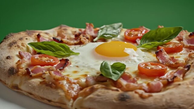 Close Up Slice of Breakfast Flatbread Pizza Topped With Fried Egg Bacon and Tomatoes Presented on a Green Background