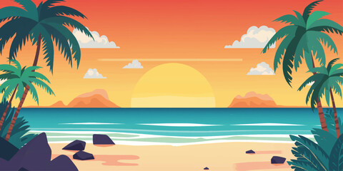 Fototapeta premium Tropical Beach Sunrise with Palm Trees and Ocean Waves Illustration 