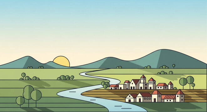Village by a winding river.