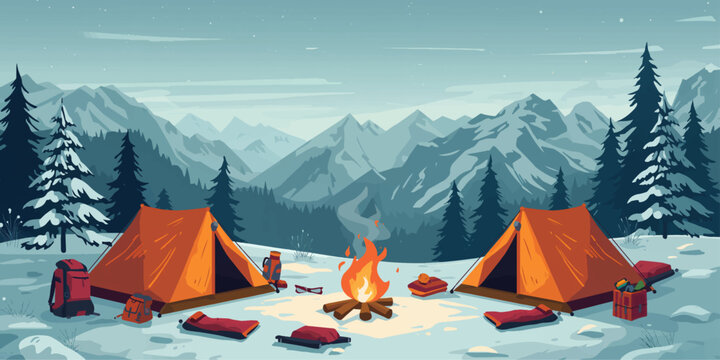 Winter Camping Scene with Tents and Campfire in Snowy Mountains