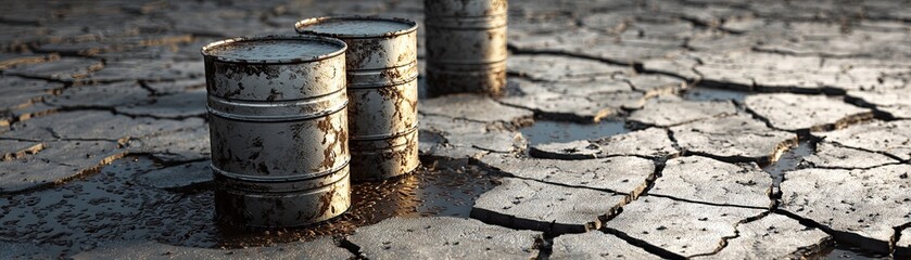 Fototapeta premium Rusty barrels stand on cracked, dry earth, suggesting environmental contamination or industrial waste in a drought-affected area.