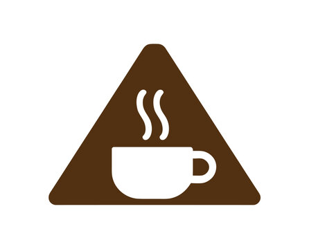 A brown triangular warning sign with a steaming hot cup of coffee on a white background
