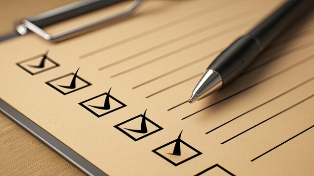 Checklist with five checked boxes and a pen resting on a clipboard, symbolizing organization and task completion.