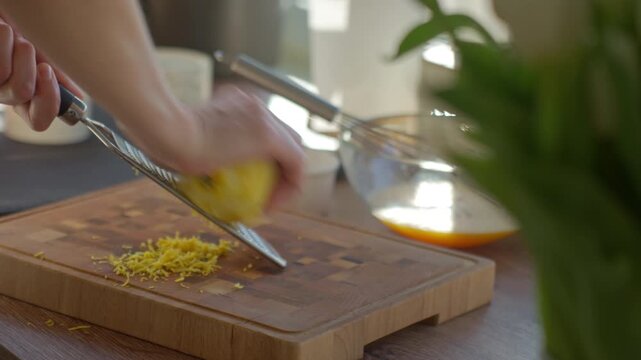Hand grates lemon on fine metal grater with fresh zest on wooden cutting board. Concept of cooking and baking ingredient preparation.