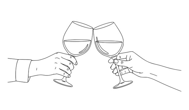 A minimalist line art illustration of two hands clinking wine glasses in a celebratory toast
