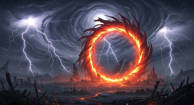 A colossal flaming ring, a powerful portal, dominates a desolate, storm-ravaged landscape. Its intense glow pierces a sky torn by lightning, heralding an apocalyptic event