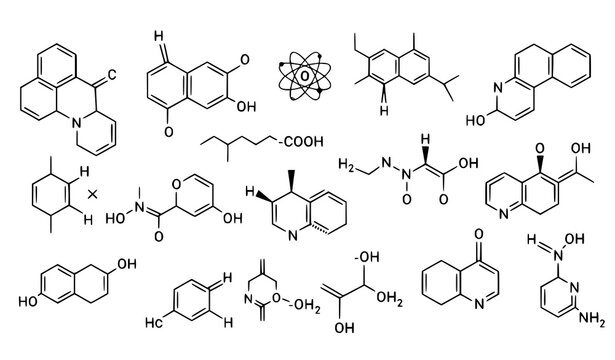 A vector graphic illustration of various molecular structures and chemical compounds in a flat design style