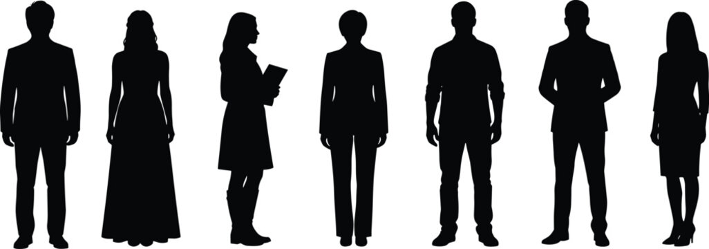Diverse set of professional silhouettes including business people in suits, a bride in a wedding dress, and smart casual workers.
