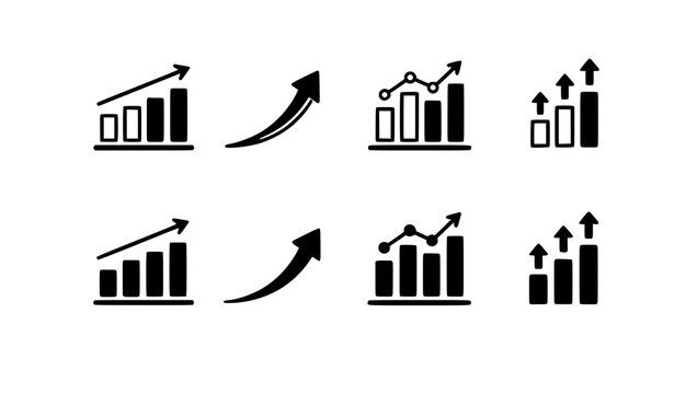 A set of black and white vector icons depicting bar graphs and arrows indicating growth and increase