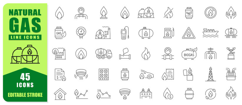 Natural Gas Line Icon Set Featuring Pipelines, Storage Tanks, Fuel Systems, And Energy Symbols. Clean Editable Stroke Design Perfect For Industry, Energy Projects, Web, Apps, And Infographics. Vector