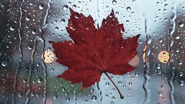 Red maple leaf pressed on window with rain droplets
