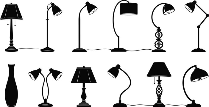 Various styles of desk lamps and floor lamps in silhouette for interior design.