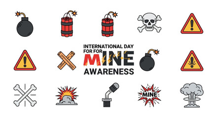 Illustrations of International Day for Mine Awareness symbols and icons on a white background with a mix of warning signs and mine awareness graphics. © Retno