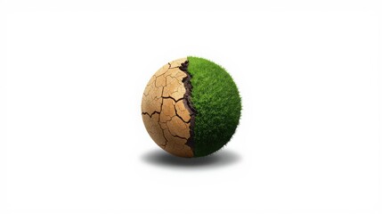 Fototapeta premium A striking visual metaphor depicting environmental balance and imbalance, showcasing a half-green, lush sphere of healthy grass contrasting sharply with a parched, cracked earth half, symbolizing crit