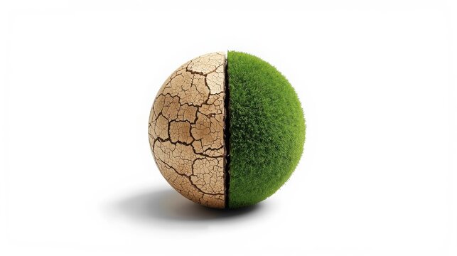 A striking 3D render illustrating the stark contrast between a vibrant half-sphere of healthy green grass and the other half representing a barren, cracked, dry desert landscape, symbolizing critical 