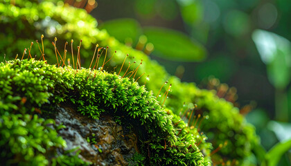 Fototapeta premium Close up of vibrant green moss growing on a stone in a natural environment