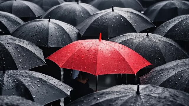 Red umbrella standing out among black umbrellas in rain symbolizing individuality contrast and uniqueness