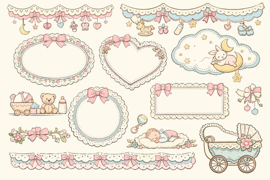 Hand drawn baby shower frames and borders. Vintage scallop trim for wedding or birthday cards decoration, whimsical coquette vector design set.icon