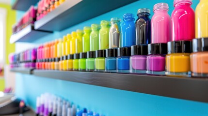 Fototapeta premium Colorful Bottles of Vibrant Nail Polish Displayed on Modern Shelves in a Trendy Beauty Salon Interior