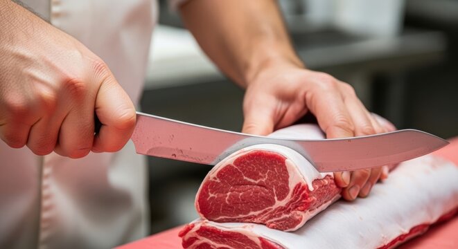 A master butcher's hands with a long, flexible boning knife, expertly separating a beef tenderloin from the silver skin with smooth, precise strokes.