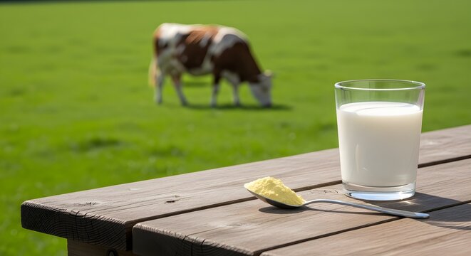 Glass of Fresh Milk and Colostrum Supplement Powder on Rustic Wooden Table with Blurred Green Pasture and Grazing Cow in Background &ndash; Natural Dairy Wellness Concept