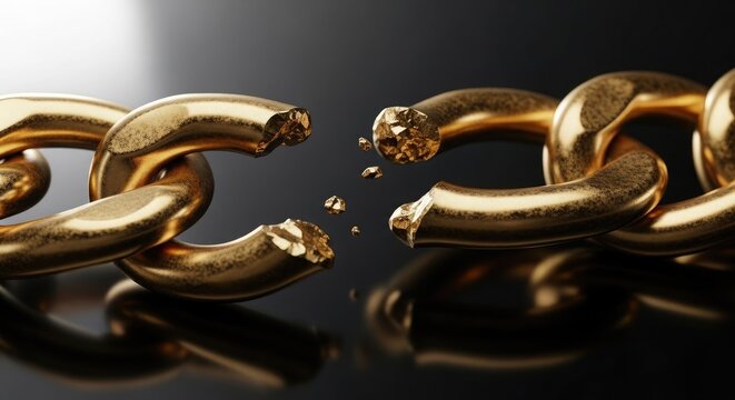 A broken gold chain on a reflective surface with a dramatic lighting effect