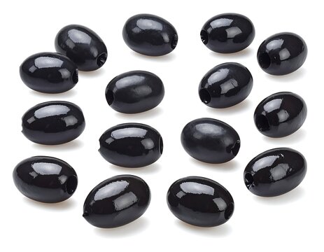A collection of shiny black oval objects arranged in rows