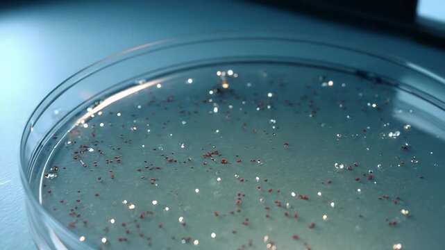 Petri dish with a clear agar base containing numerous red colonies of microorganisms growing, symbolizing microbiological investigation, laboratory experiment, and medical discovery