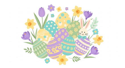 Obraz premium Easter bunny surrounded by colorful eggs flowers and foliage on white background springtime celebration