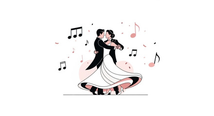 Obraz premium Romantic couple dancing waltz with musical notes around them in elegant black and white attire
