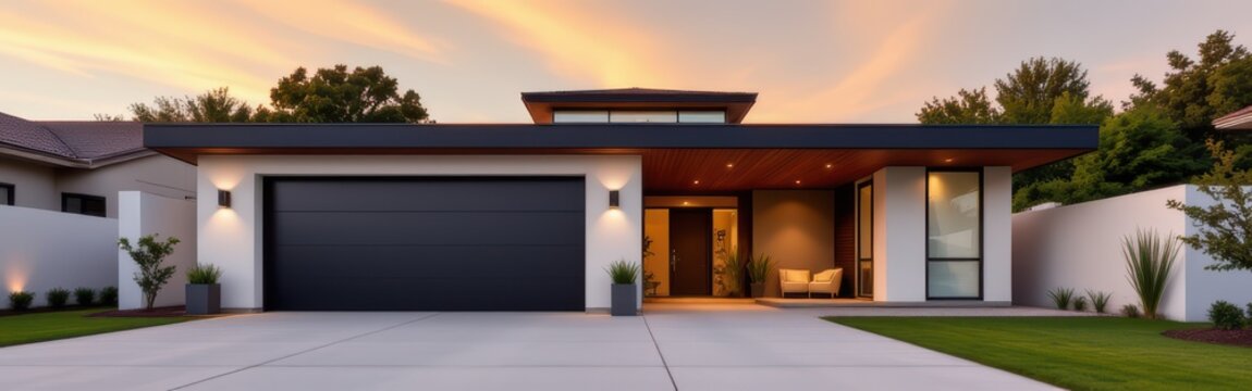 Modern single-story house with a large garage and landscaped front yard at sunset