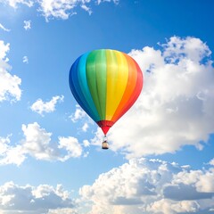 Obraz premium A vibrant rainbow hot air balloon floats against a bright blue sky