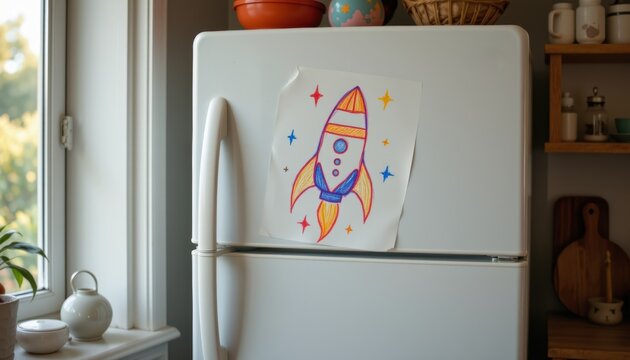 Hand-drawn rocket taped to a white refrigerator in a cozy kitchen setting.
