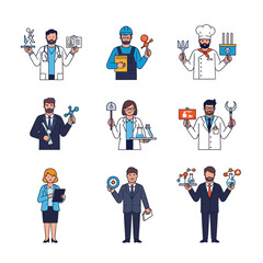 Fototapeta premium Diverse Professions Set: Science, Engineering, Medicine, Cooking, Business, Research