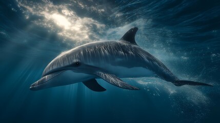 Fototapeta premium A majestic dolphin gliding through crystal clear waters, illuminated by sunlight streaming from above.