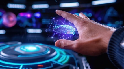 Obraz premium Hand Reaching Towards Holographic Interface with Futuristic Technology and Data Visualization Elements